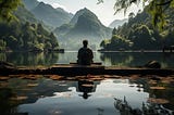 A man practicing mindfulness and meditation or yoga in a peaceful natural environment realistic image, ultra hd, high design very detailed