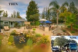 Before-and-after comparison showing a spacious California home with a landscaped backyard, pond, patio, and swimming pool alongside a smaller inset photo of a motorhome used for full-time RV living, illustrating a major downsizing journey from a traditional home to life on the road.