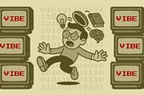 Retro-styled digital illustration of a cartoon man floating mid-air with his head open, losing a brain, book, and lightbulb. Surrounded by CRT monitors flashing the word ‘VIBE’ in red, with binary code in the background — illustrating the loss of learning in a tech-driven, emotionally immersive culture.