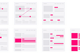 A imagem exibe seis diagramas estilizados representando diferentes padrões de varredura visual em páginas da web. No topo, da esquerda para a direita, os padrões são: F, Z, e Layer-Cake. Na parte inferior, também da esquerda para a direita, temos os padrões: Spotted, Marking e Commitment. Cada diagrama utiliza uma combinação de linhas cinza, representando o texto de uma página, e destaques em rosa, mostrando o caminho que os olhos do usuário geralmente seguem ao visualizar o conteúdo.