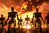 photo of millions of humanoid robots with a dramatic sky, on fire, AI image created on MidJourney by Henrique Centieiro and Bee Lee