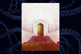 A golden door and steps on a swirling background