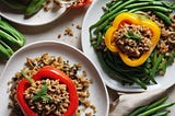 Stuffed Bell Peppers with Wild Rice Pilaf and Sauteed Green Beans