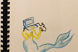 Doodle of a merman with a laptop for a head in my copy of Protocol by Alexander R. Galloway