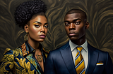 AI image of beautiful Black woman and Black Man entrepreneurs looking determined in a modern office wearing business attire in the style reminiscient of Kehinde Wiley
