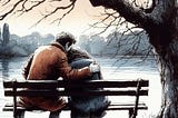 The image is a pen/ink with a watercolor wash. Two people, a man and a woman, are sitting on a park bench beside a lake. The man’s arm is resting on the back of the bench around the woman’s shoulders comforting her. They are gazing out over the lake. Beside them is a very large tree barren of leaves.