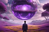 Man starring into a purple portal in an open field