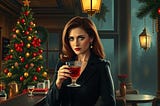 Image shows a drawing of a woman frowning and holding a glass with red liquid. In the background on the left is a decorated Christmas tree and on the right a window with a lantern.