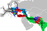 The image is a map of Europe and parts of Asia with areas highlighted. The areas highlighted are places that most Roma can trace some of their DNA to. These areas include India, Pakistan, The Middle East, Caucasus, Turkey, The Balkans, Southeast Europe, and Eastern Europe. Each area is colored either green, blue, or red. There are additional lines that represent the Romani migration into Europe. These lines go from India and around all of Europe