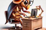 A cartoon of a cockroach using a miniature computer, complete with tiny glasses and a desk.