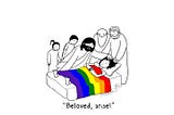 jesus com as mãos sobre uma menina deitada em uma cama com um cobertor nas cores LGBT e falando “beloved, arise”