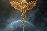 Golden dragon caduceus over Earth