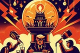 Illustration in bold orange, red, and black shows a man resembling Donald Trump seated at a desk. Above him is a glowing lightbulb encasing a dark government building, emitting lightning bolts. Two individuals on either side are depicted holding oversized microphones shaped like gas pumps, seemingly fueling or recording him. Hanging lightbulbs and sharp lightning motifs intensify the dramatic, high-stakes. The scene conveys themes of political power, media influence, and manipulation.