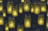Drawing of jars containing fireflies. Image generated by DavinciAI