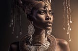 Portrait of an African woman wearing ceremonial jewellery and an ornate headdress, symbolising feminine strength, sovereignty, and spiritual power.