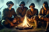 A group of young, war-worn soldiers, from various descents such as Caucasian, Black, and Asian, sitting around a campfire on a moonlit night, their faces telling stories of exhaustion and solemnity