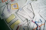 A photo of many pieces of paper with sketches and ideas written on them.