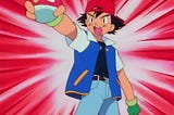 A scene from Pokémon, Ash Ketchum holds pokéball out, ready to battle