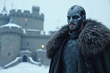 A robotic Jon Snow stands in front of Winterfell Castle in the snow.