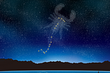 A dark blue night sky with a black landscape. The constellation of Scorpio appears in the sky, outlined by a scorpion.