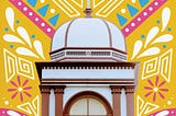 image of main hall cupola with colorful, geometric mexican-style pattern illustrations radiating outward