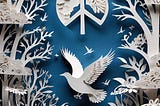 A navy blue background with cut outs in white paper illustration framed with trees on either side, clouds. In the center is a bird and above the bird a peace sign