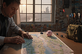 Man reviewing a city map. His desk has a piggy bank on it, as well as some dice and a bag with arrows in it. The window looks over a city and the wall has postcard images of many other cities tacked on it.