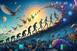 The image, designed to emphasize the digital essence of artificial intelligence evolution, is now showcased. It encapsulates the journey from simple digital organisms to the sophisticated AI humans of today, with each evolutionary stage infused with digital and technological motifs, ensuring that the creatures distinctly mirror their digital origins.