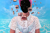 a woman with pink hair and a white top holding a dove, her face is fractured into many pieces that are floating around her head, and where her face would normally be is the night sky with stars