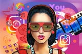 Instagram face. A digital picture of woman with Instagram face lips and social media icons in the background. She wears glasses, red earrings and a necklace.