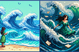 Comic strip of a writer standing by water, the waves getting bigger, stepping into the water, and working in peace at bottom of ocean.