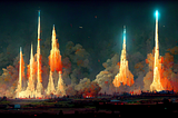 AI (Midjouney) generated illustration of a six abstract looking rockets with long blast-streams lifting off the ground and into a dark sky above.