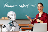 An AI robot sits in a classroom while a female teacher points to a chalkboard.