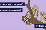 A drawing of two barred owls sitting on a tree branch with this text: “Blog: Get our docs in a row, part 1: Internal needs assessment — by Kate Mueller”