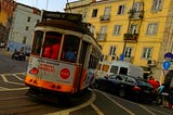 A tiny tram in Lisbon , Portugal