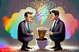 White men in suits, looking constipated with pain on their faces, a large cup of coffee is being poured on them with sparkles and rainbows coming out of the coffee cup