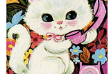 Vintage image of a white kitten answering a pink phone