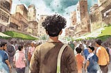 Ref: Adobe Firefly; Prompt — An Indian man with curly hair looking at crowded people and city