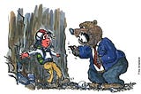 Hiker up a wall with a bear standing in front of him — in a full suit and a tie. Illustration by Frits Ahlefeldt