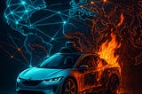 IMAGE: A square, cyber-punk style illustration shows a sleek, driverless taxi parked centre-frame. The left half of the car gleams in cool blue light, immaculate and futuristic. The right half is engulfed in vivid orange flames, its bodywork scorched and peeling. Behind it, a dark world map glows with uneven neon lines — some regions brightly wired, others fading — hinting at the patchy global spread of robotaxis