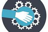 Prompt by Russ + GPT4; Rendering by MidJourney. “minimalist, modern icon illustrating a firm handshake, set against a backdrop of subtly interconnected gears. The color palette should include shades of blue and gray, screen-print, flat, vector — no realistic photo text”