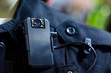 Photo of a the left shoulder of a police officer uniform with a body-camera attached.