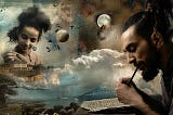 A surreal digital collage showing a woman and a man with dreamlike elements. The woman contemplates a small building that merges with a classic landscape, while the man writes in a book, surrounded by clouds, a volcanic island, and ships. The scene blends natural and fantastical imagery, including floating moons and migrating birds.