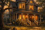 A gothic looking house with lights on and eerie figures silhouetted