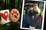 An image of a heart card, a plaster cast of a dog’s footprint, and a woman with grey hair holding a Dutch Shepherd dog.