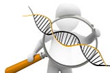 Illustration of person looking through magnifying glass at double helix.
