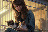 Girl with long dark hair holding two cats in front of a cage at an animal shelter.
