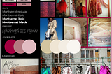 An essential mood board for a fashion designer website made of target keywords, fonts, color palette, and inspirational photos to set the look and feel of the product