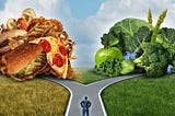 A road fork shows two directions: one represented by junk food and the other represented by green veggies proposed by the weight loss industry.