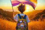 Child flying non-binary flag at sunset.